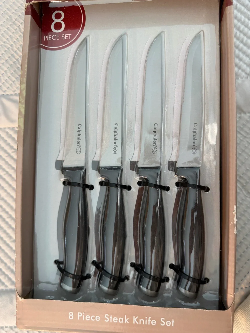 Calphalon Stainless Steel Serated Steak Knife Set - Silver w/Black Handles NEW